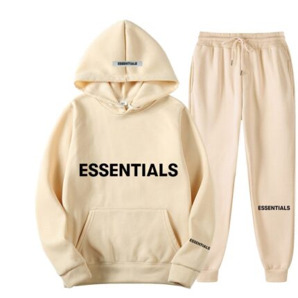 Essentials Hoodie and Sweatpants Set With Black Text - Cream Tracksuit